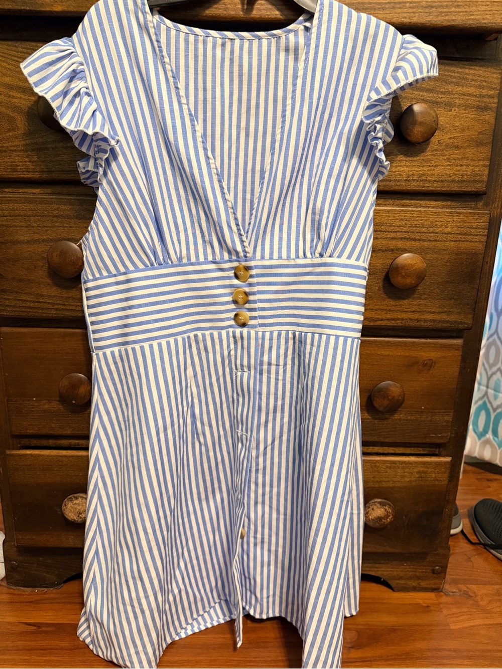 Cupshe Blue and White Striped Mini Dress with Button Waist
